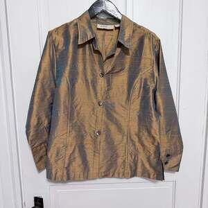 Anii By Natural Vintage 100% Pure Silk Shimmer Gold Button Down Blouse Shirt L
